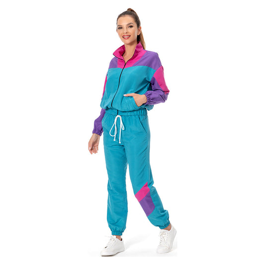 Déguisement adulte années 80, style hippie disco sportwear avec des couleurs vives, idéal pour le carnaval et les fêtes rétro glam.