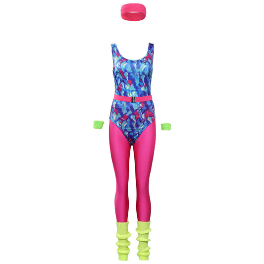 Déguisement femme aérobic années 80 avec motifs hippie disco, en tissu sportwear coloré pour une ambiance retro groove.