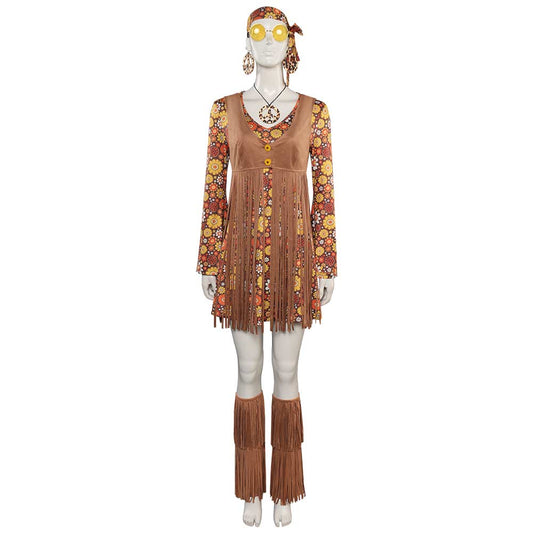 Déguisement femme années 70, robe hippie vintage avec motifs colorés Flower Power, parfaite pour les fêtes rétro et soirées à thème.