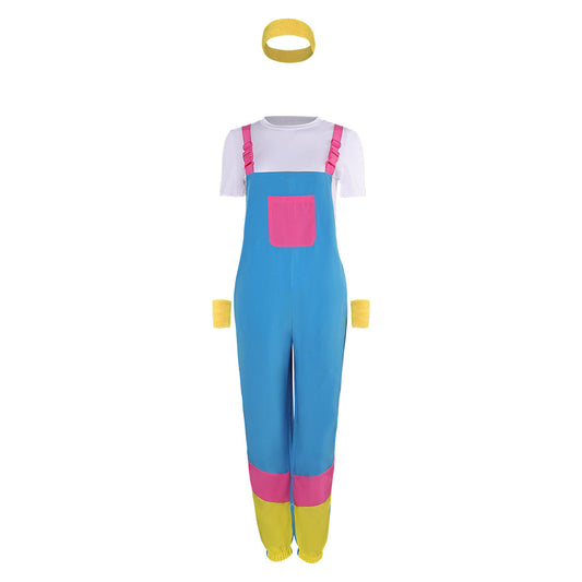 Déguisement adulte années 80 avec salopette colorblock sport, style vintage chic, parfait pour les fêtes à thème ou Halloween.