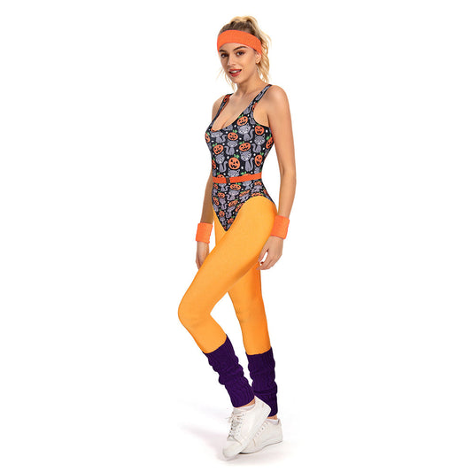 Déguisement femme années 80 aérobic, ensemble sport orange 6 pièces, idéal pour fêtes à thème rétro et événements glam fitness.