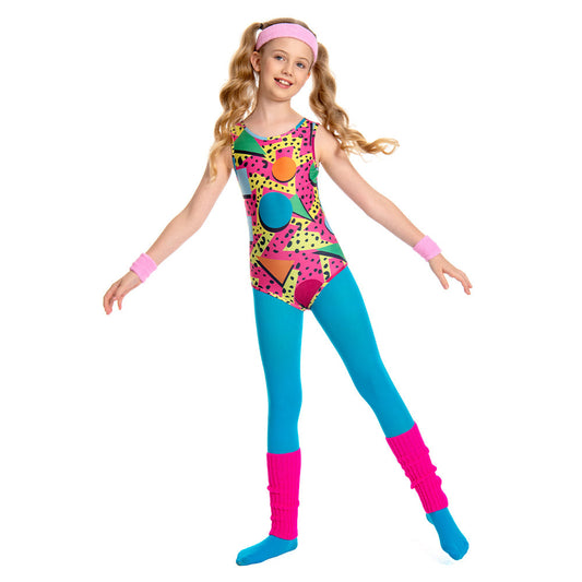 Déguisement Années 80 pour enfant, tenue de sport bleu, 5 pièces, idéal pour fêtes à thème rétro, aérobie et cosplay.