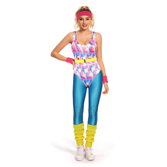 Déguisement femme années 80 aérobie hippie disco coloré avec accessoires rétro, parfait pour soirées thématiques et fêtes dansantes.