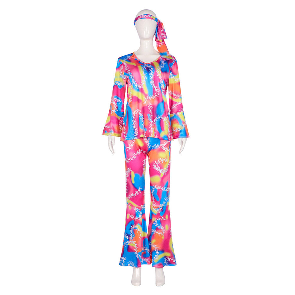 Déguisement femme années 80 style hippie disco, modèle rétro chic original avec motifs colorés et accessoires vintage. Parfait pour les fêtes.