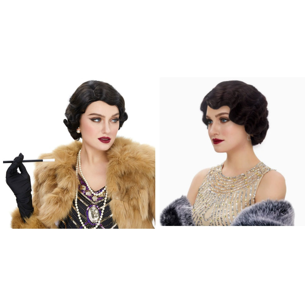 Perruque femme noire et marron style années 80, parfaite pour un look iconique de carnaval, ajoutant une touche vintage à votre tenue.