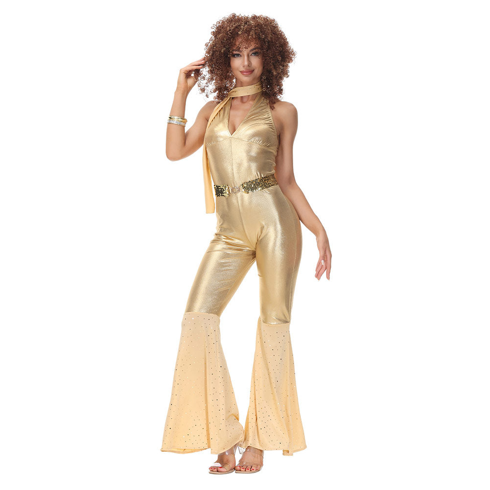 Déguisement disco années 70 pour femme, en tissu doré scintillant, style vintage, idéal pour soirées à thème ou fêtes rétro.