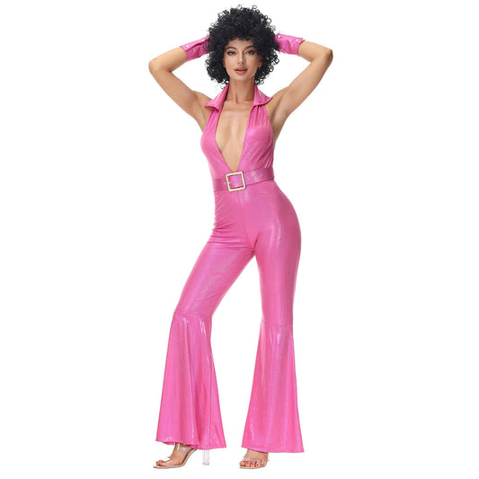 Déguisement disco vintage années 70 en rose, costume glamour idéal pour le carnaval, avec des détails scintillants et festifs.