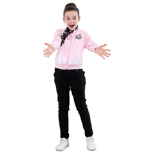 Déguisement enfant Grease années 50 avec veste glamour Pink Ladies, parfait pour les fêtes à thème et les soirées déguisées.