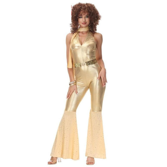 Combinaison disco dorée pour femme inspirée des années 70, parfaite pour des soirées festives et des événements à thème retro.