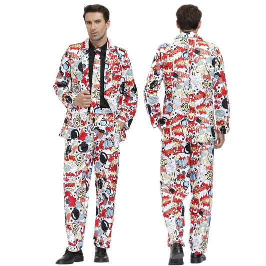 Costume homme des années 90 avec imprimé pop art coloré, style rétro vibrant, idéal pour des soirées ou événements thématiques.