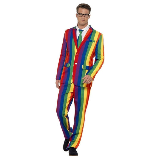 Costume élégamment coloré inspiré des années 70, idéal pour soirées disco, avec motifs rétro et style audacieux, parfait pour danser.