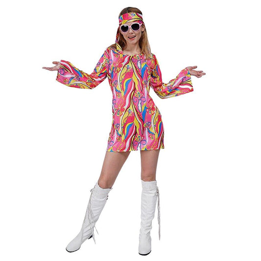 Costume Hippie Disco des années 70 en édition Retro Vibes, comprenant une chemise colorée, pantalon flare et accessoires emblématiques.