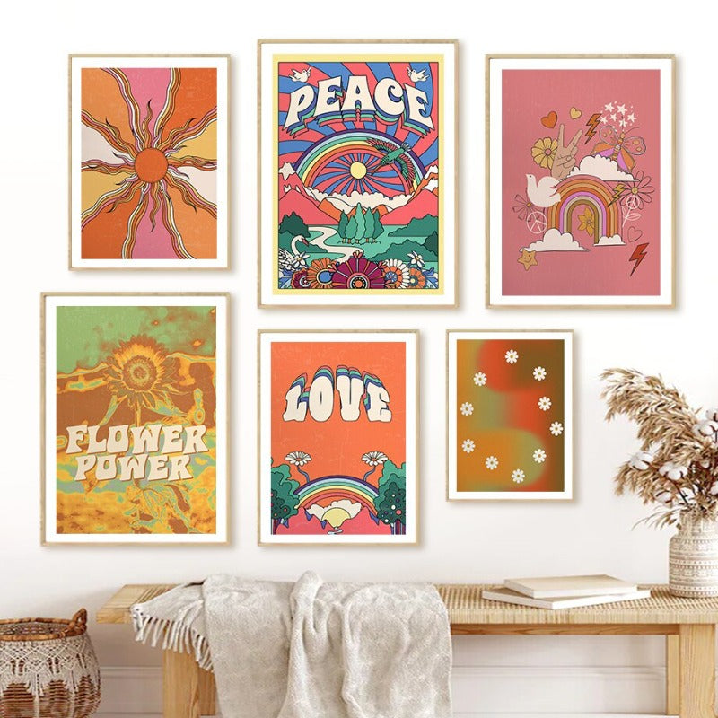 Affiche vintage des années 70, style hippie coloré avec motifs psychédéliques et message inspirant, parfaite pour la décoration intérieure.