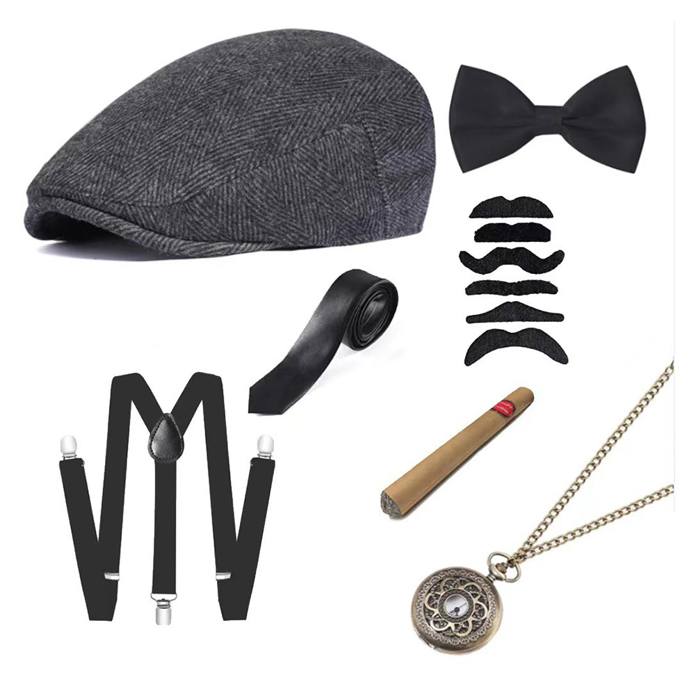 Accessoire années 20 homme en 6 pièces incluant béquilles, barbe, montre, bretelles, cravate et béret pour look vintage.