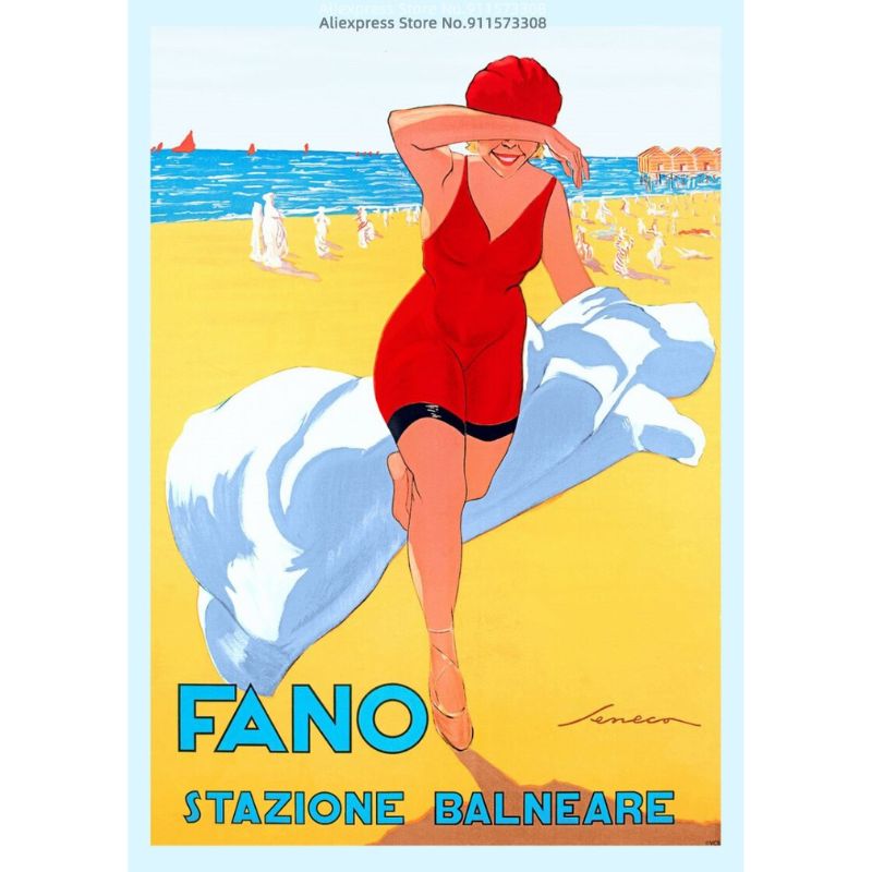 Affiche vintage des années 70 représentant une plage pittoresque, couleurs rétro vibrantes, ambiance estivale et nostalgique.