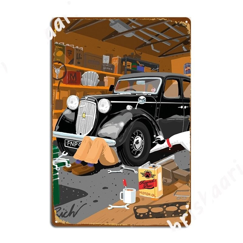 Affiche vintage des années 30 représentant un garage pour voiture, style chic et rétro, idéale pour décorer un intérieur nostalgique.