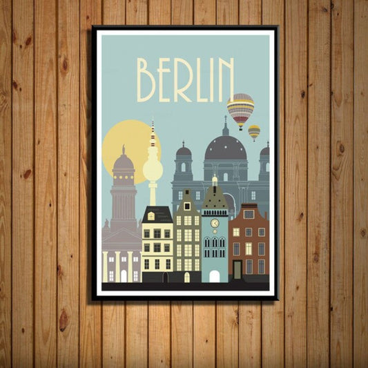 Affiche vintage des années 70 représentant une ville avec un style rétro chic, couleurs vives et design nostalgique.