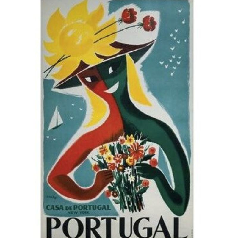 Affiche vintage du Portugal des années 50, présentant des couleurs vives et un design rétro charmant, parfaite pour la décoration.