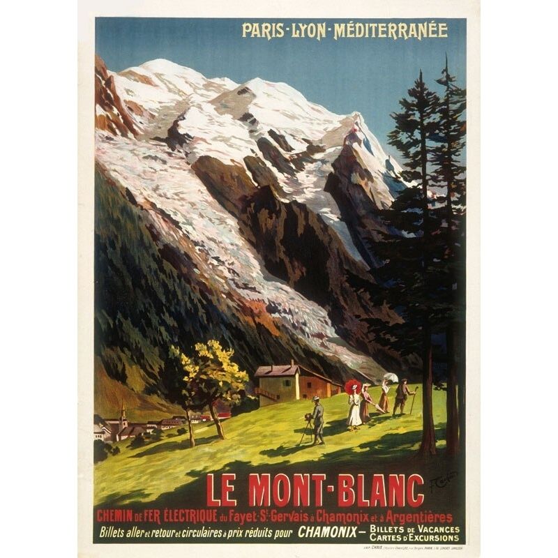 Affiche vintage des années 70 représentant le Mont Blanc, style rétro chic, couleurs vives et design typique de cette époque.