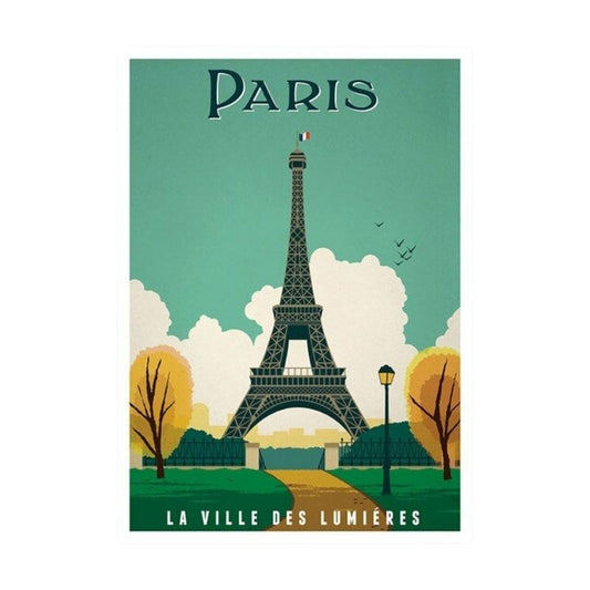 Affiche vintage des années 70 représentant Paris, alliant style rétro et éléments chics parisiens emblématiques.