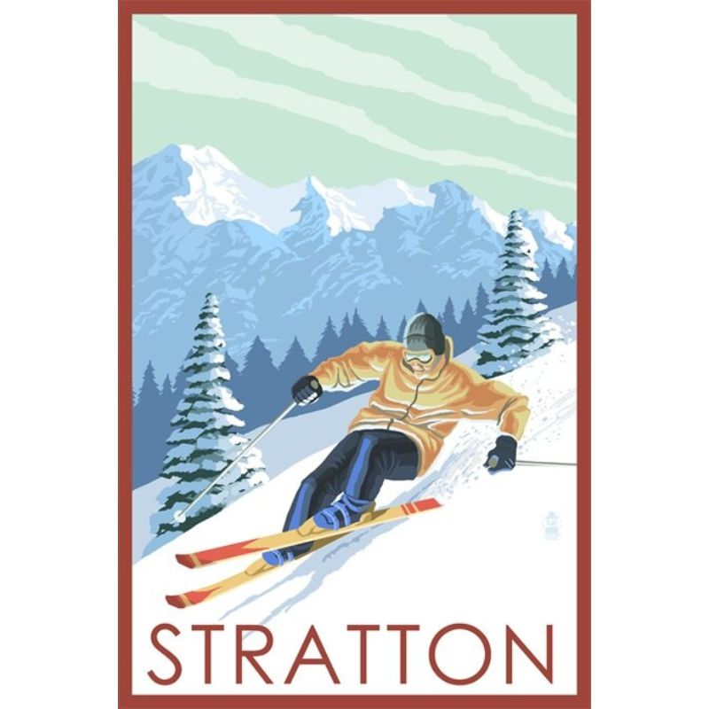 Affiche vintage des années 70 représentant une station de ski, style nostalgique alpin, avec montagnes enneigées et skieurs.