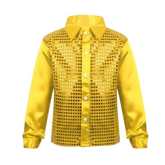 Chemise disco pour garçon au style rétro des années 70, aux couleurs vives et motifs psychédéliques, idéale pour les fêtes.