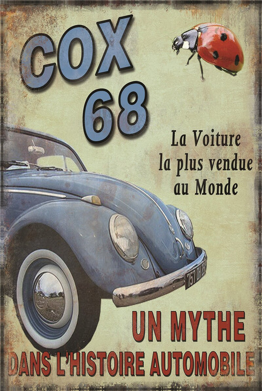 Affiche vintage représentant une coccinelle des années 60, colorée et stylée, évoquant un charme rétro et nostalgique.