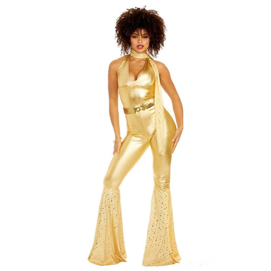 Costume disco femme des années 70, style glamour avec paillettes, pantalon évasé et haut à manches larges, parfait pour soirées.