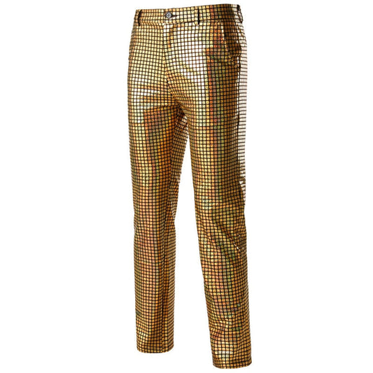 Costume disco des années 70, pantalon évasé avec motifs colorés, idéal pour les soirées dansantes et les événements rétro.