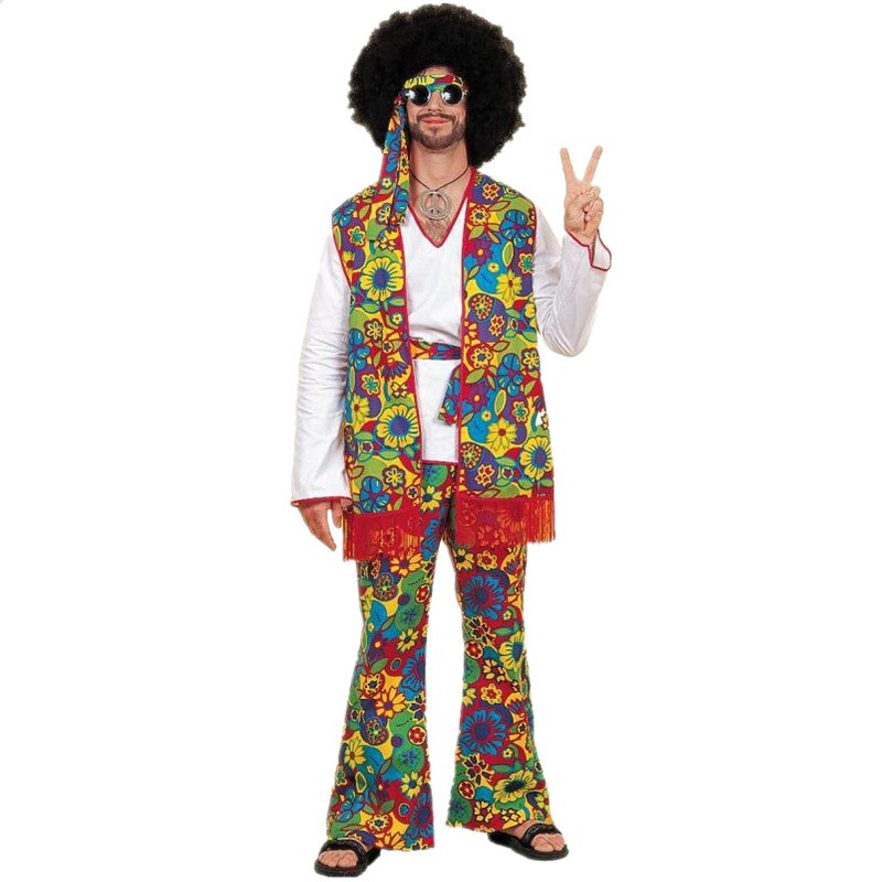 Costume homme hippie des années 70 avec motifs colorés emblématiques du Flower Power, parfait pour les festivals rétro ou les soirées à thème.