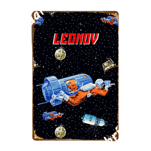 Poster représentant l'expédition spatiale Leonov des années 60, édition limitée Cosmic Voyage, illustration vintage et nostalgique.