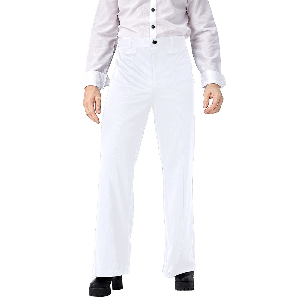 Déguisement adulte années 70 avec pantalon pattes d'éléphant blanc, style disco glamour rétro pour soirées à thème.