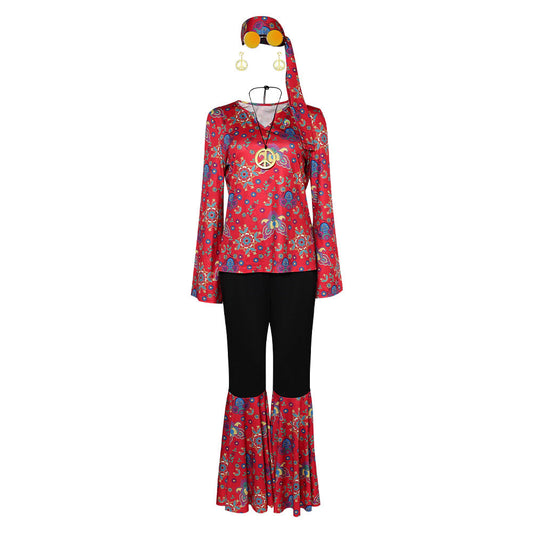 Déguisement femme années 70 en style hippie rétro, avec motifs colorés et accessoires Boho chic, principalement en rouge.