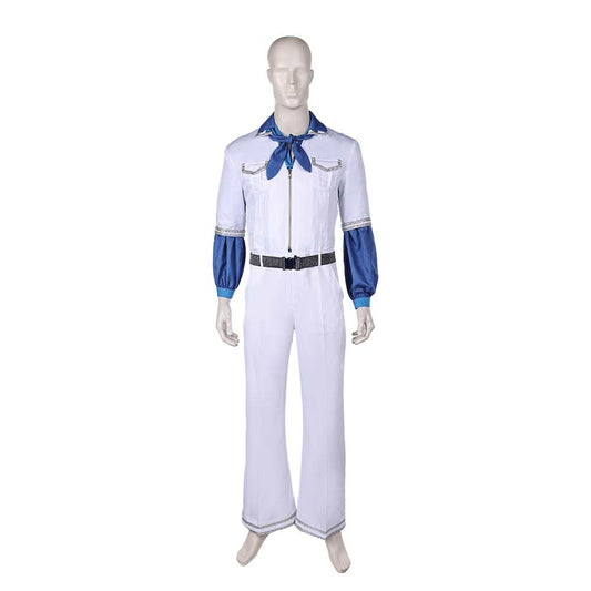 Déguisement homme ABBA Benny Anderson années 70, modèle White Dream, costume festif avec chemise blanche et pantalon.