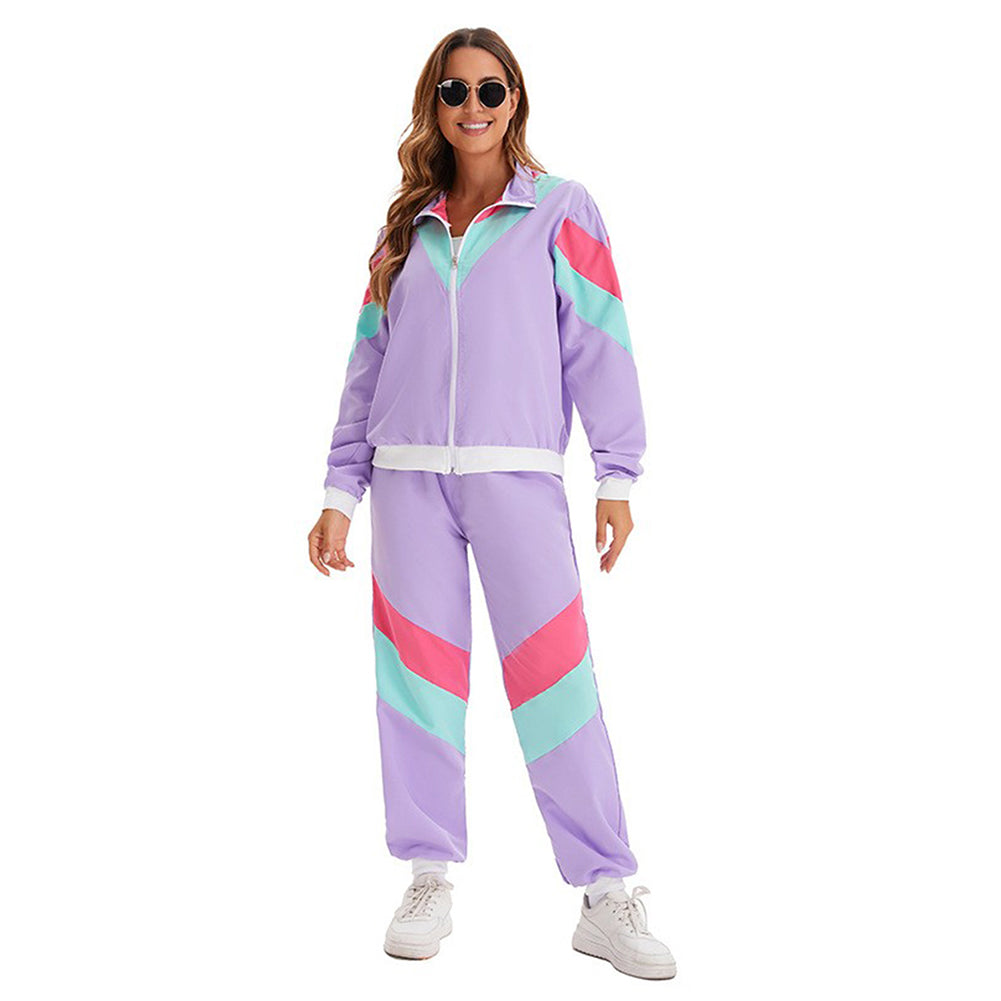 Déguisement adulte années 70 en violet, style disco hip-hop, costume de sport funky parfait pour soirées et événements à thème.