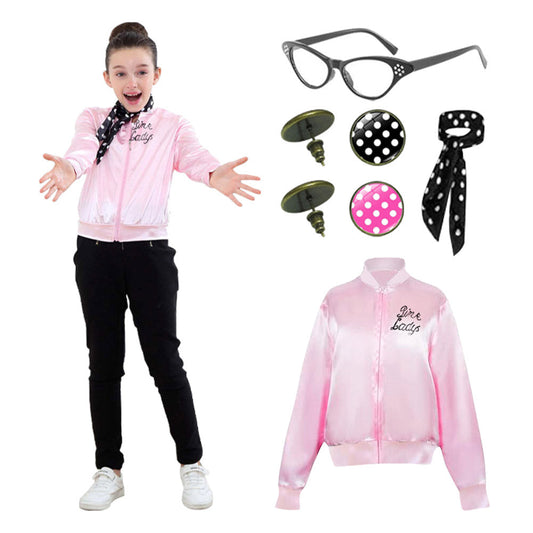 Déguisement enfant fille années 50, tenue Pink Ladies glamour inspirée de Grease, robe rose, gants et ceinture inclus.