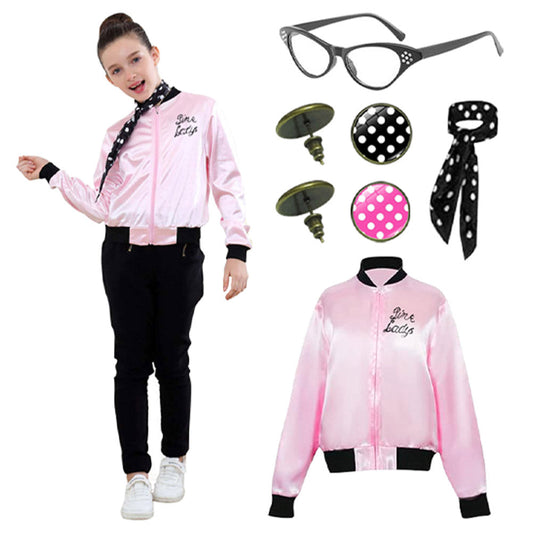 Déguisement enfant fille des années 50 inspiré de Grease, tenue Pink Ladies glamour chic avec veste rose et jupe à pois.