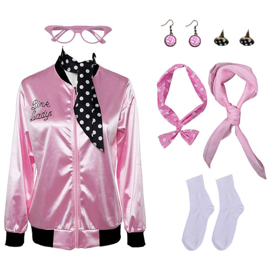 Déguisement femme style années 50 inspiré de Grease, comprenant une jolie robe vintage rose et des accessoires assortis.