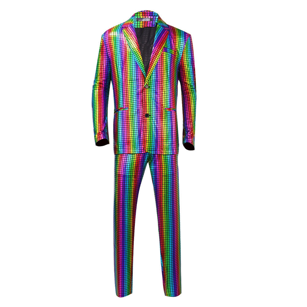 Déguisement homme années 80 disco, costume rétro coloré avec des motifs vibrants, parfait pour les soirées et fêtes à thème.