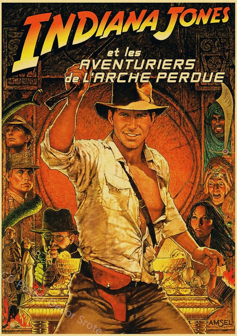 Poster vintage Indiana Jones des années 80, édition Adventure Classic, avec une illustration emblématique du célèbre archéologue en action.