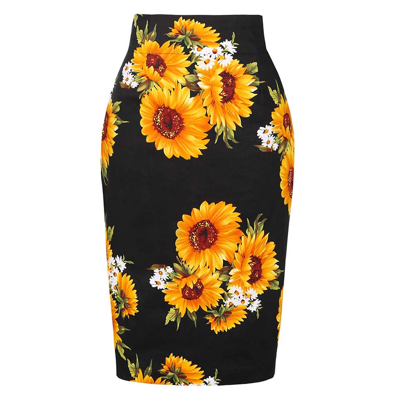 Jupe crayon vintage années 50 à motif tournesols, élégante et rétro, parfaite pour un look chic et original en toutes occasions.