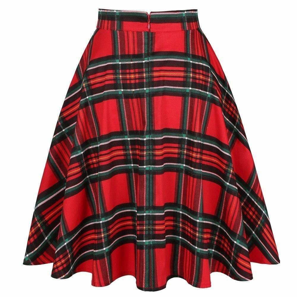 Jupe évasée en tartan au style vintage années 50, avec motifs classiques et coupe élégante, parfaite pour un look rétro chic.