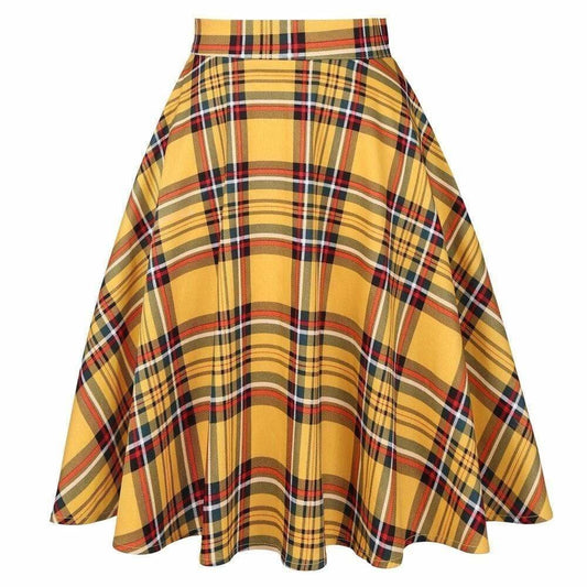 Jupe écossaise jaune rétro années 50, style vintage chic, avec un motif classique et une coupe élégante, parfaite pour un look rétro.