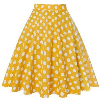 Jupe jaune à pois des années 50, style vintage chic, idéale pour un look rétro élégant, confectionnée avec des matériaux de qualité.