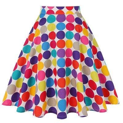 Jupe multicolore à pois des années 60, style rétro, avec motifs colorés et vibrants, idéale pour un look vintage en été.