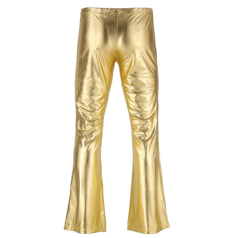 Pantalon disco pour homme des années 70, style vintage avec une finition brillante, parfait pour des soirées dansantes et événements rétro.