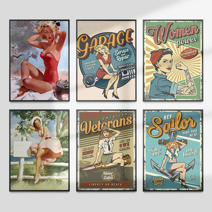 Affiches pin-up rétro des années 50, designs vintage glamour avec femmes séduisantes et couleurs vibrantes pour décoration.