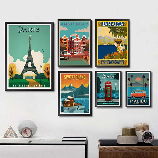 Affiches de voyage rétro des années 50, édition Vintage Charm, affichant des destinations emblématiques avec des designs uniques et colorés.