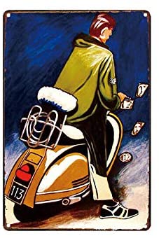 Affiche vintage représentant une Vespa emblématique des années 60, avec couleurs rétro et style classique, idéale pour les amateurs de scooters anciens.