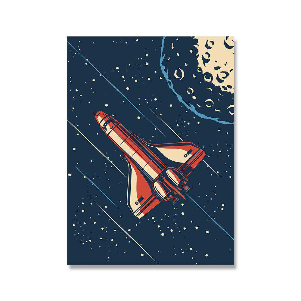 Affiche vintage des années 80 représentant une navette spatiale, édition Stellar Voyage, avec des couleurs vives et un design rétro.